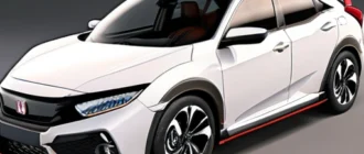 Honda Civic 2026, боковой вид автомобиля, динамичный дизайн, светодиодные ходовые огни, активные заслонки радиатора, задняя дверца, элегантный современный автомобиль