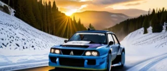 Rally car on snowy mountain track with sunrise