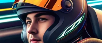 Молодой гонщик Formula 3 в гоночном шлеме за рулём автомобиля, окружённый датчиками и цифровыми экранами, фон — гоночная трасса с разметкой