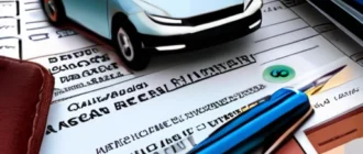 Визуальное представление процесса возврата автозапчастей с документами и юридическими элементами.