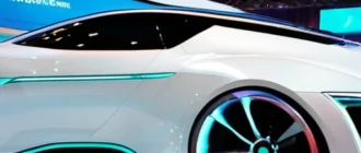 Future concept car at Paris Motor Show with front engine, aerodynamic design, integrated digital cockpit, and hybrid powertrain