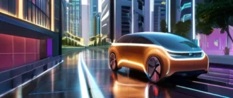 Futuristic autonomous electric vehicles and smart infrastructure in a modern city environment