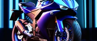 Яркий мотоцикл Yamaha YZF‑R3 Concept с градиентной LED‑подсветкой, демонстрирующий динамичный дизайн и визуальную агрессию на выставке мотоциклов 2026