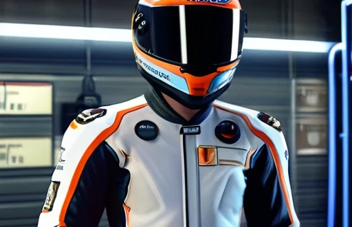Иллюстрация гонщика MotoGP в шлеме HD 2025 с вентиляционной системой, рядом с пенным барьером и медицинским вертолётом с портативным сканнером, на современном автодроме